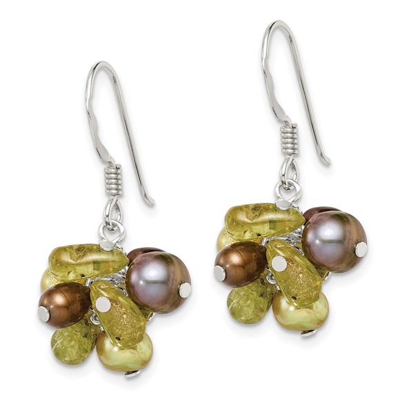 Sterling Silver Green FWC Pearl & Peridot August Birthstone Dangle Drop Earrings - Picture 2 of 4